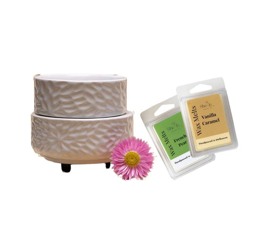 Aroma Glow White Ceramic Wax Melt Warmer + 3 Wax Melt Bundle